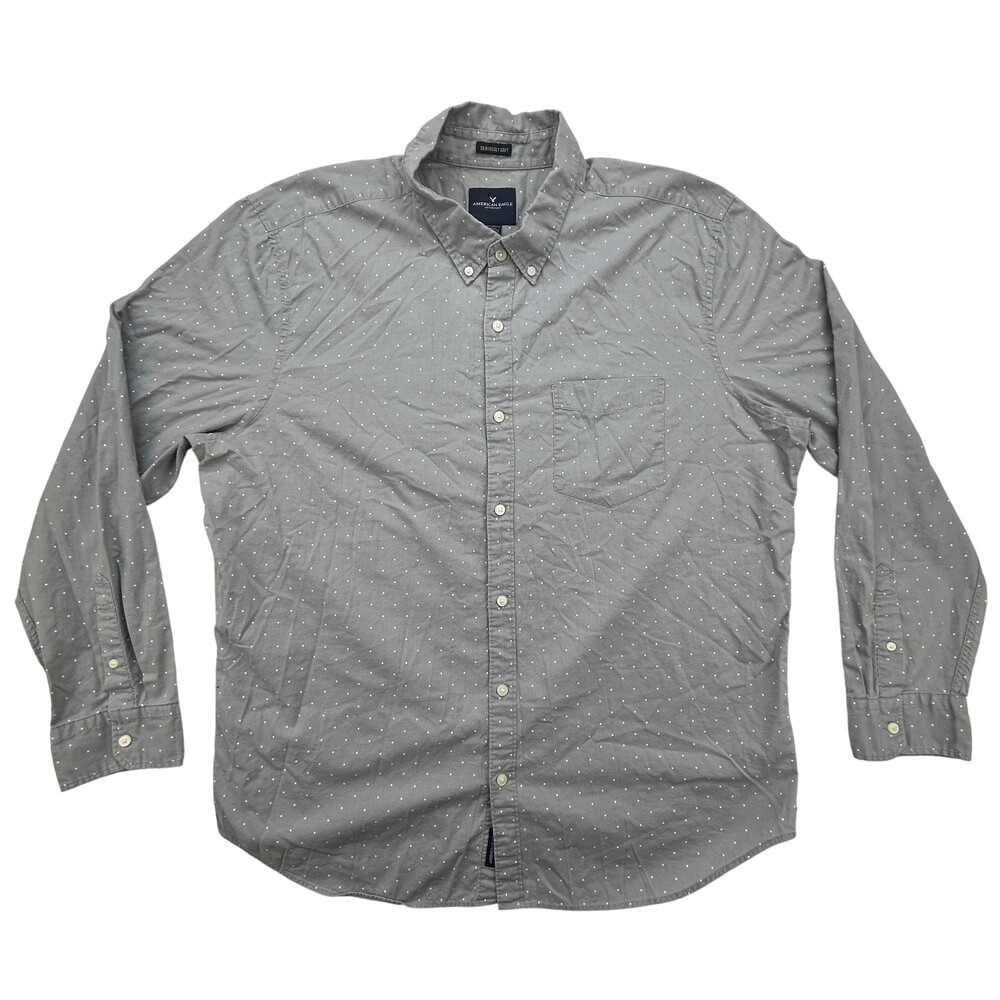 American Eagle Shirt Mens 2XL Seriously Soft Gray White Dot Button Down Casual